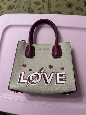 Michael Kors Beige and Burgundy 'LOVE' Leather Satchel